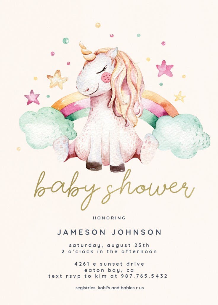 Unicorn and rainbow - baby shower invitation