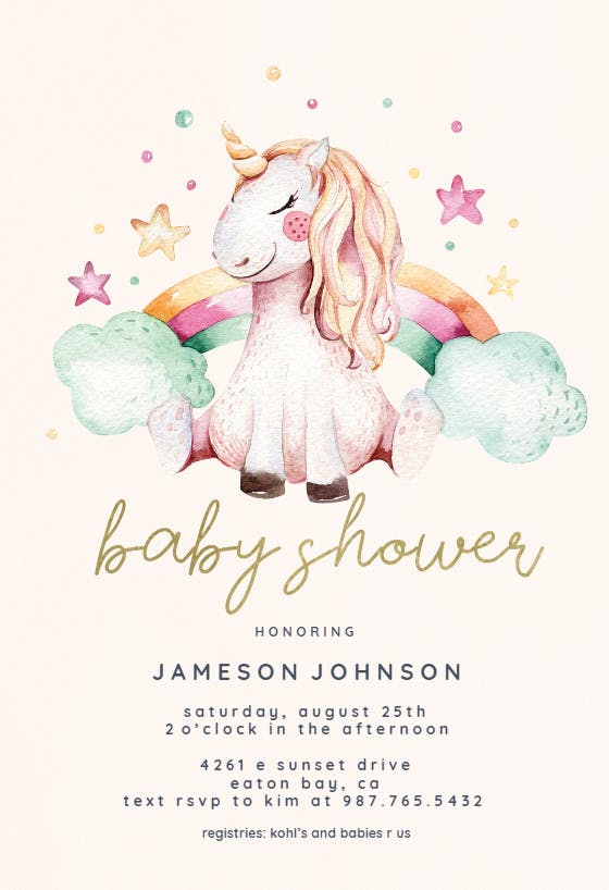 Unicorn and rainbow -  invitación para baby shower de bebé niña gratis