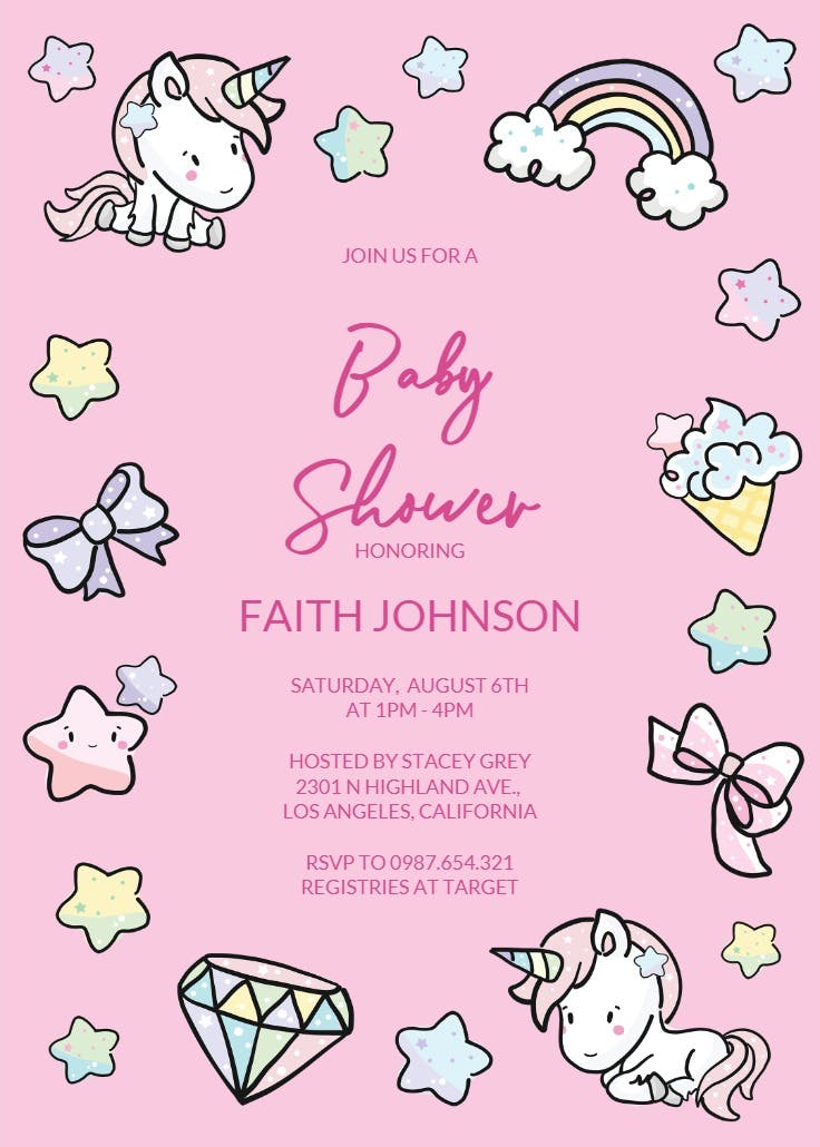 Unicorns and stars - baby shower invitation