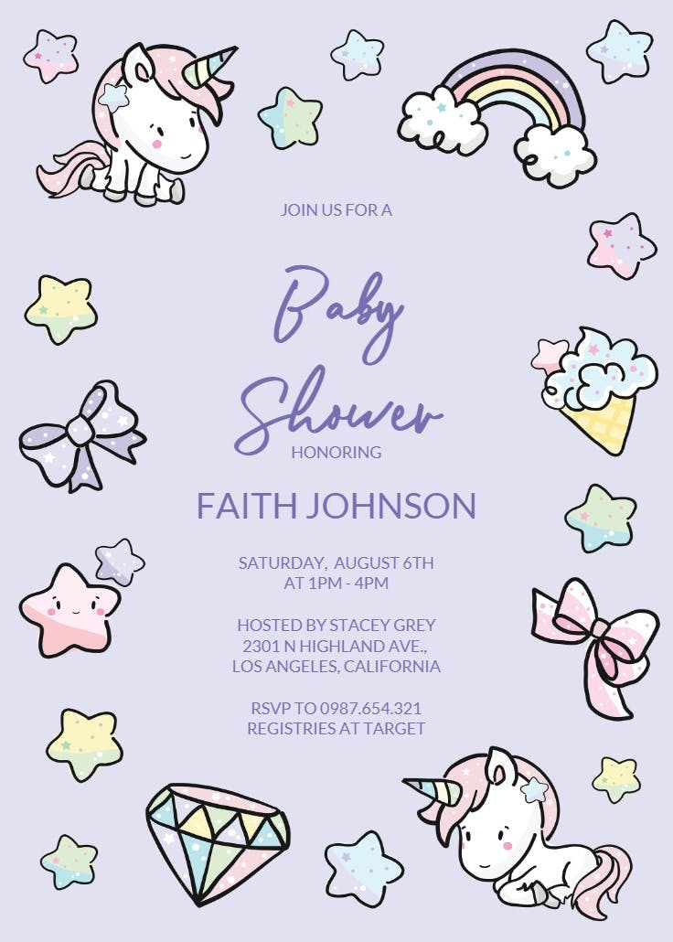 Unicorns and stars - baby shower invitation