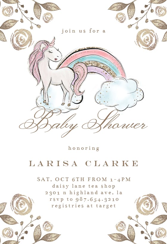 Unicorn & glitter rainbow -  invitación para baby shower