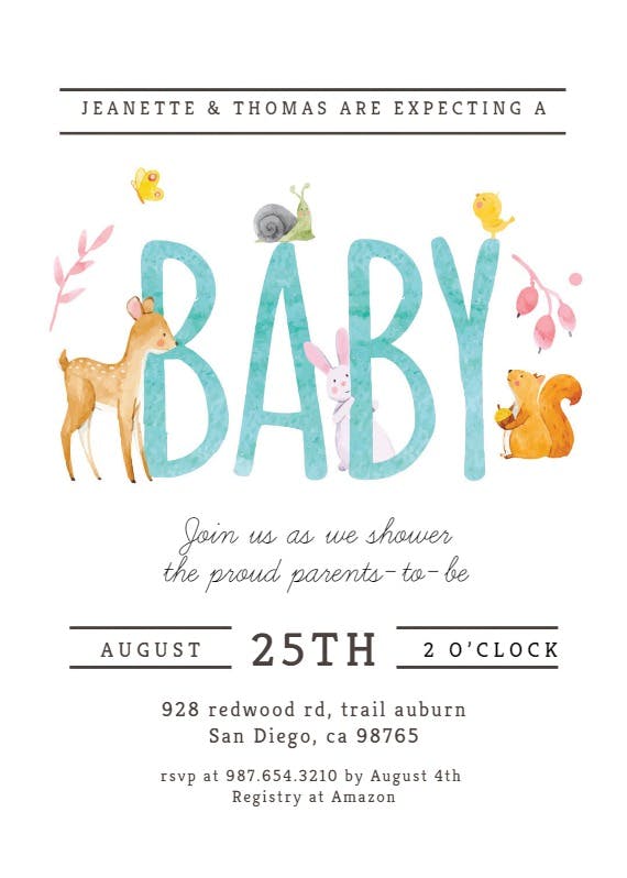 Watercolor animals -  invitación para baby shower de bebé niño