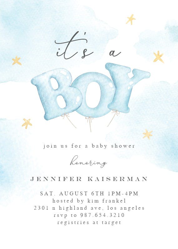 Watercolor baby balloons -  invitación para baby shower de bebé niño gratis