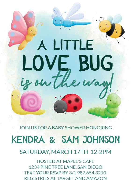 Watercolor bugs - baby shower invitation