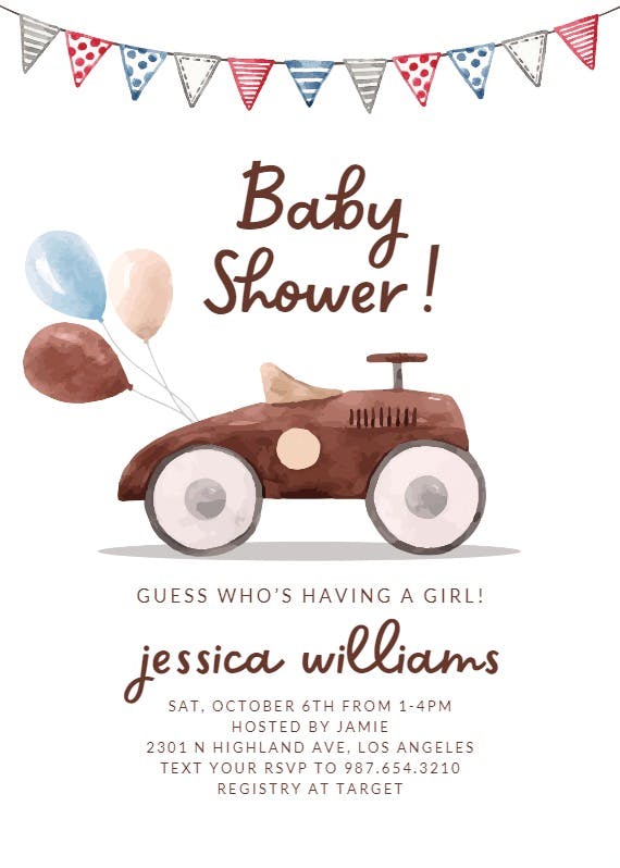 Watercolor car - baby shower invitation