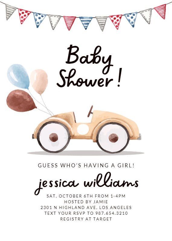 Watercolor car -  invitación para baby shower de bebé niño gratis