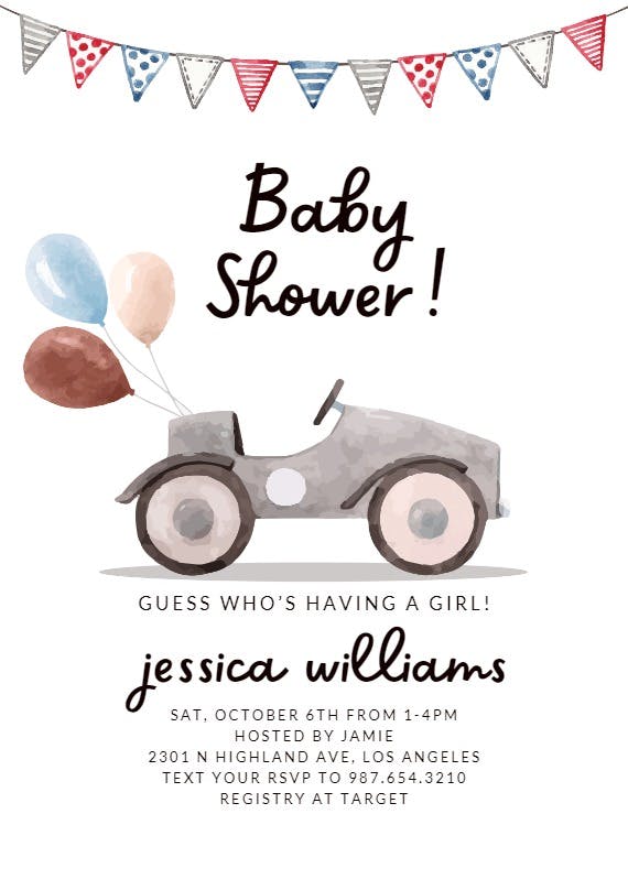 Watercolor car -  invitación para baby shower de bebé niño gratis