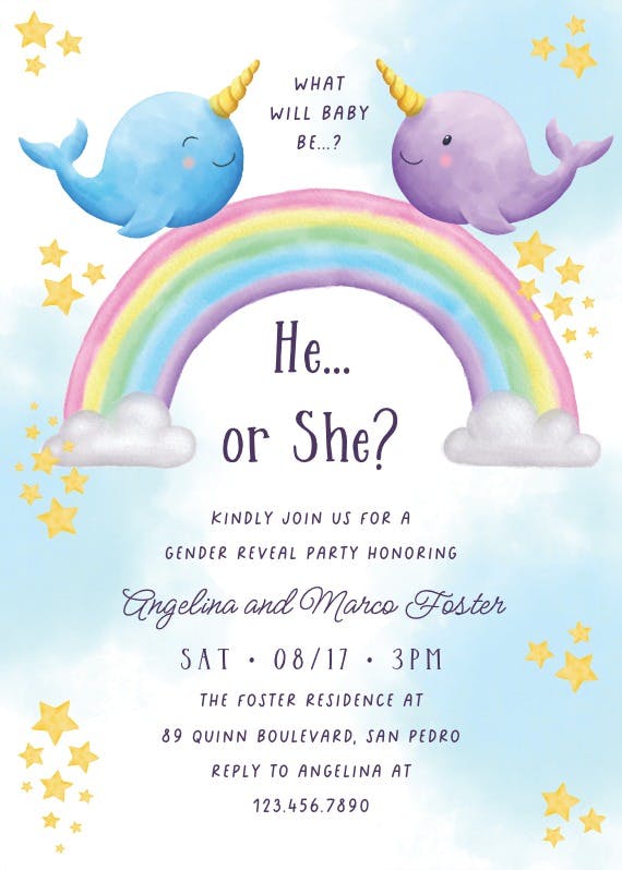 Watercolor narwhal - gender reveal invitation
