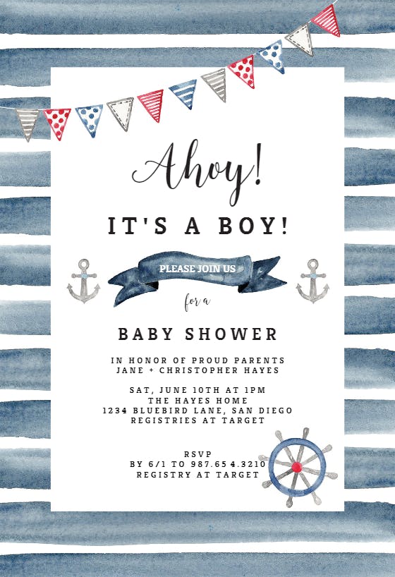 Watercolor nautical -  invitación para baby shower de bebé niño gratis