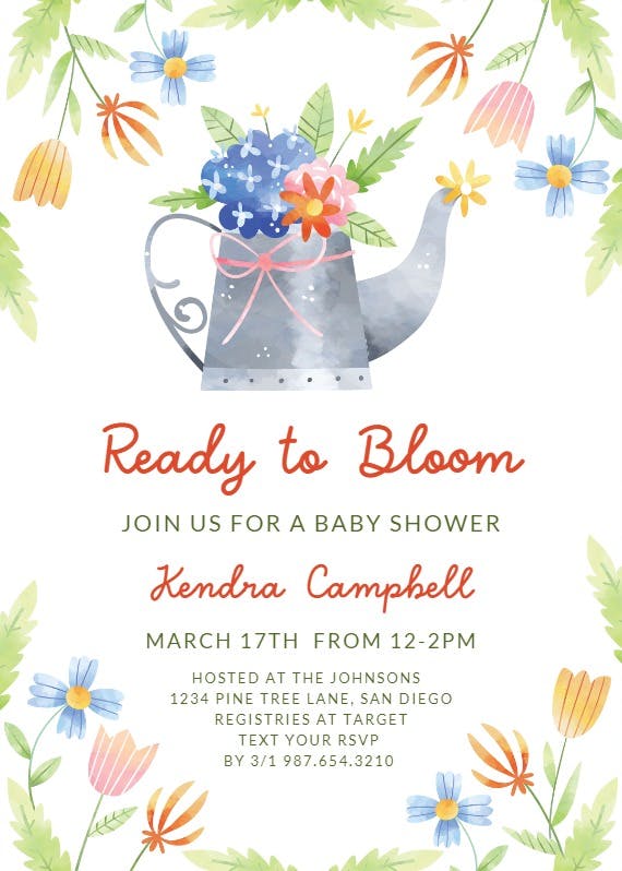 Watercolor watering can - baby shower invitation