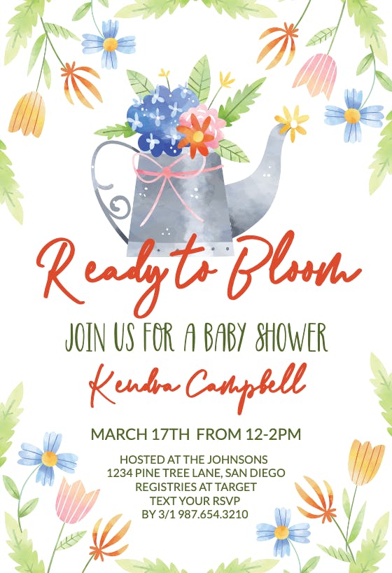 Watercolor Watering Can Baby Shower Invitation Template (Free