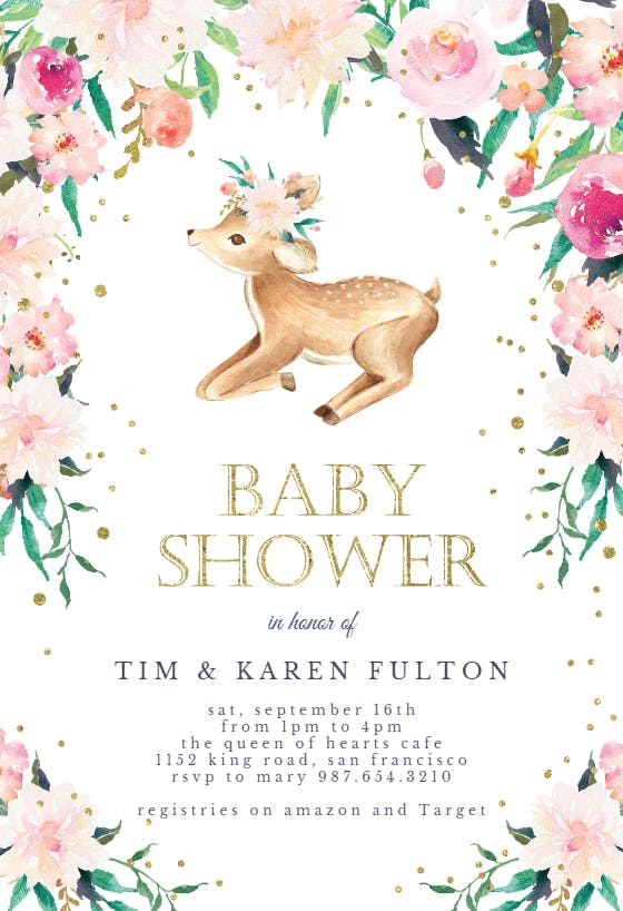 Whimsical baby deer -  invitación para baby shower de bebé niña gratis