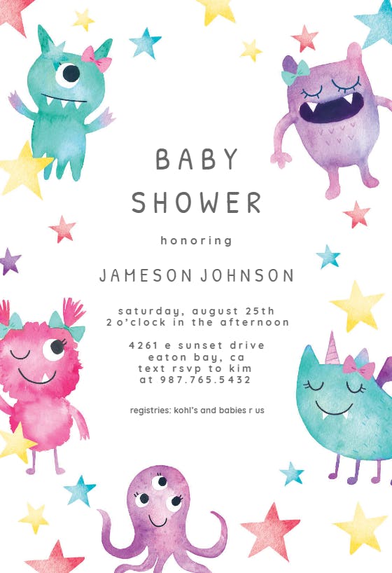 Whimsical monsters -  invitación para baby shower de bebé niño