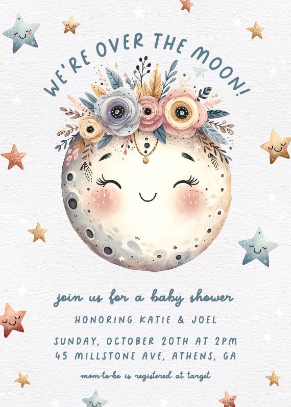 Whimsical moon -  invitación para baby shower de bebé niña gratis