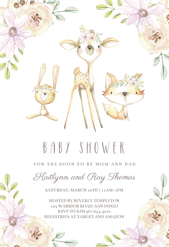 Whimsical woodland -  invitación para baby shower de bebé niña gratis