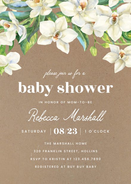 White orchids kraft - baby shower invitation