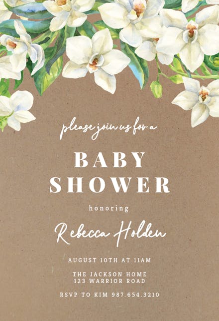 White Orchids Kraft - Baby Shower Invitation