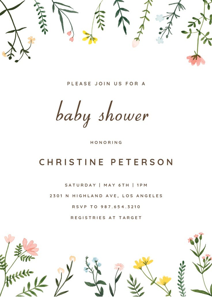 Wildflower watercolor border - baby shower invitation