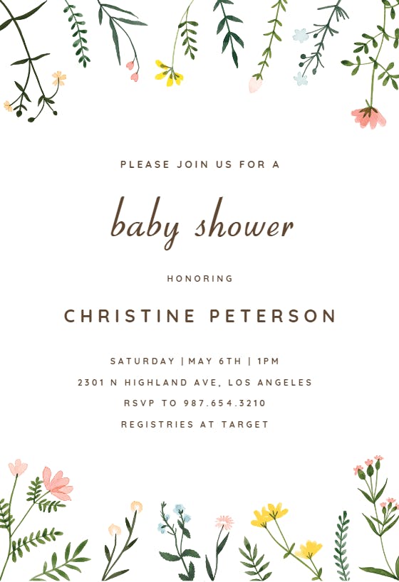 Wildflower watercolor border -  invitación para baby shower de bebé niña gratis