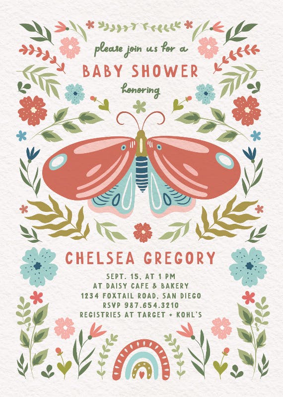 Wings & whimsy -  invitación para baby shower de bebé niña gratis