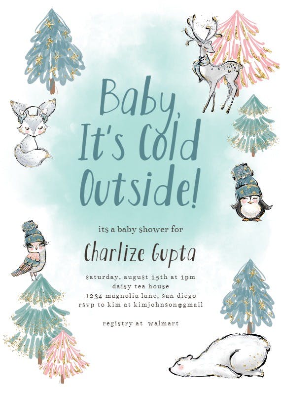 Winter animals -  invitación para baby shower de bebé niña gratis