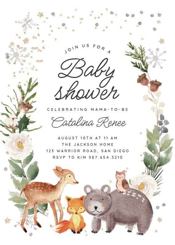 Winter floral woodland - baby shower invitation