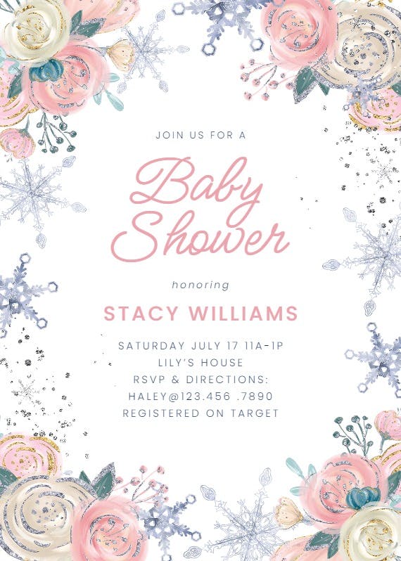 Winter flowers -  invitación para baby shower de bebé niña gratis