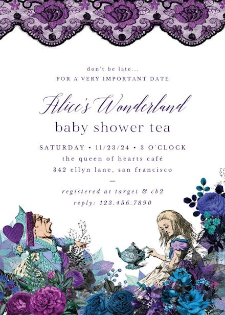 Elegant Alice in Wonderland invitations - 5x7 personalized printed or  printable.