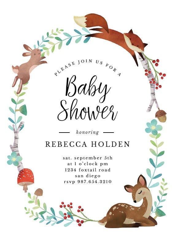 Woodland animal wreath -  invitación para baby shower de bebé niño