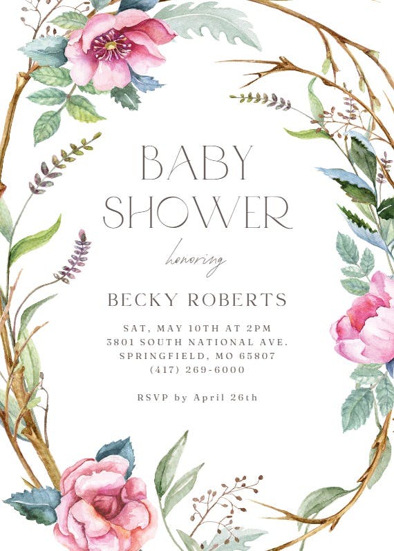 Woodland flower wreath - baby shower invitation