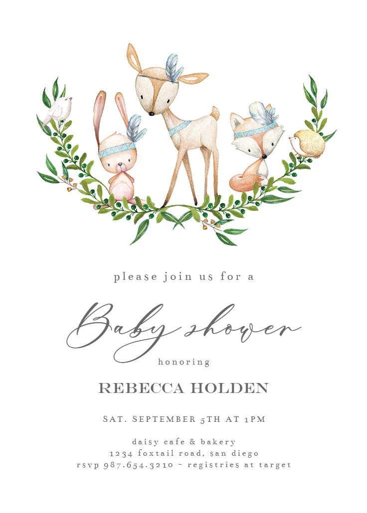 Wreath woodland animals - baby shower invitation