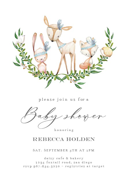 Wreath woodland animals - baby shower invitation
