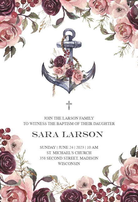 Anchor And Floral Frame - Baptism & Christening Invitation