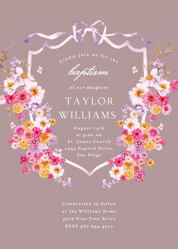 Blooms around crest - baptism & christening invitation