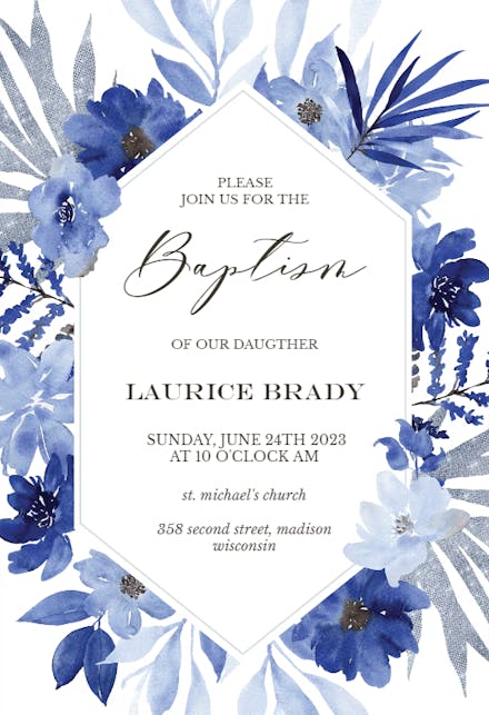 Blue Bouquet Frame - Baptism & Christening Invitation