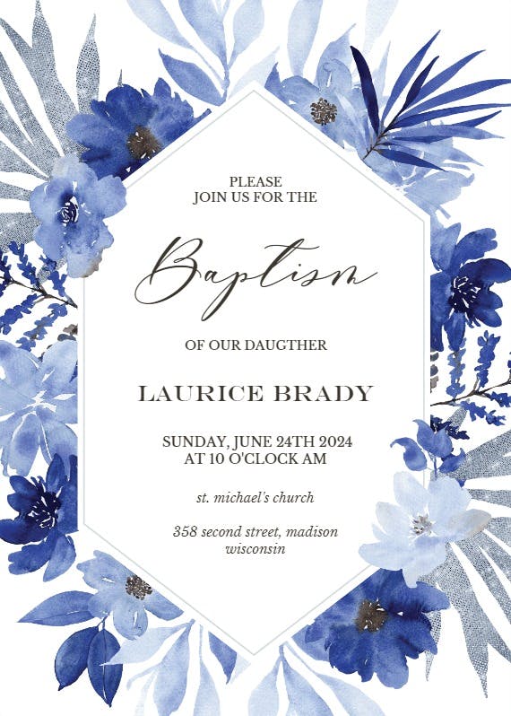 Blue bouquet frame - baptism & christening invitation