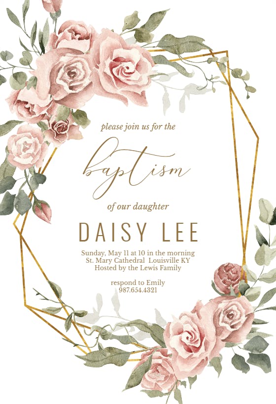 Dusty Pink Rose Gold Border - Baptism & Christening Invitation Template ...