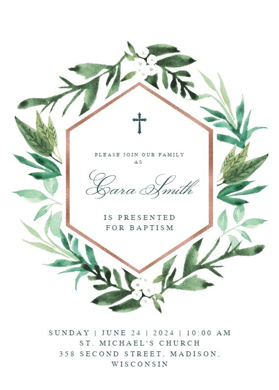 Botanical hexagon -  invitación para bautizo
