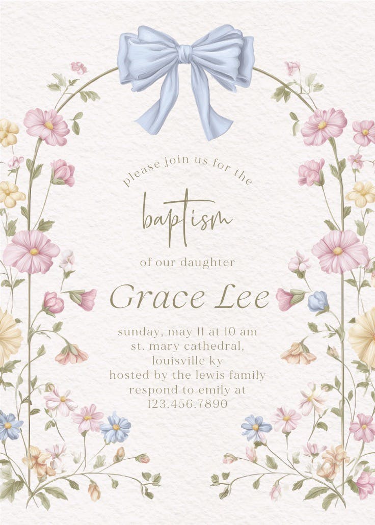 Bows & buds - baptism & christening invitation