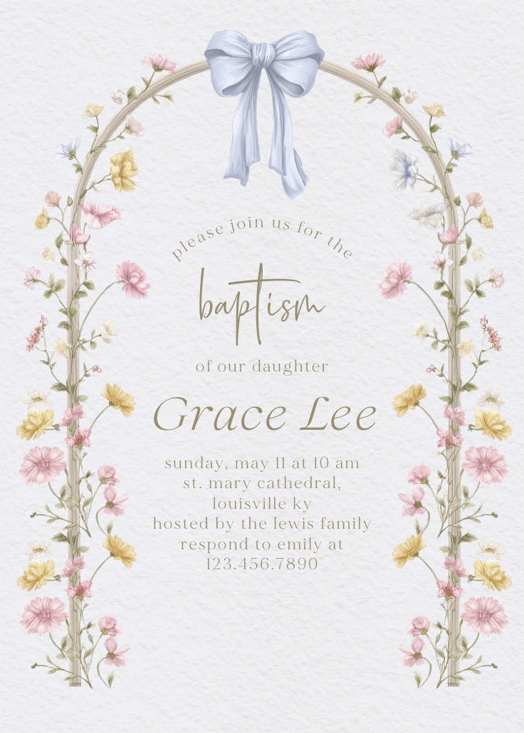Bows & buds - baptism & christening invitation