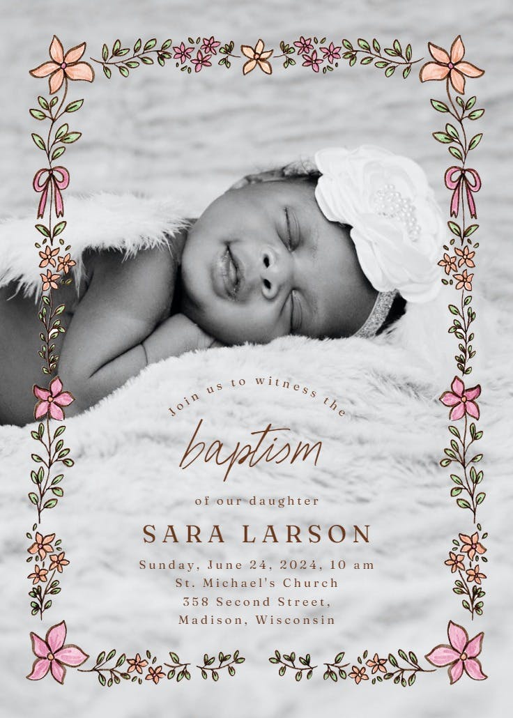 Bows and blooms - baptism & christening invitation