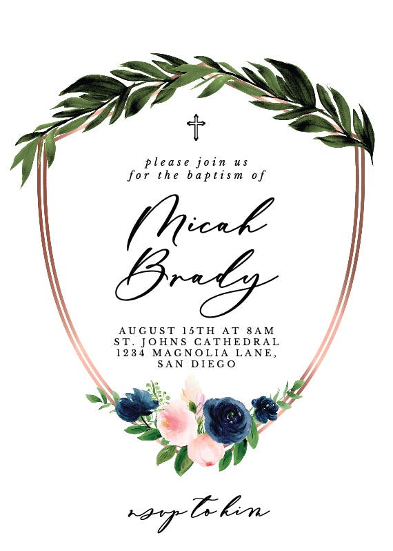 Bridal navy flower crest - baptism & christening invitation