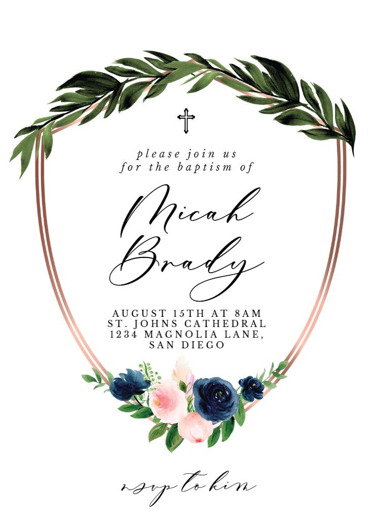 Bridal navy flower crest - baptism & christening invitation