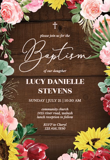 Burgundy Sunflower - Baptism & Christening Invitation