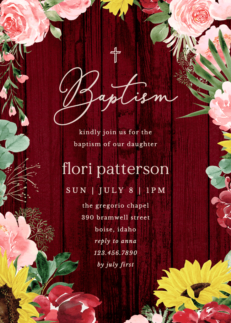 Burgundy sunflower - invitación de bautizo