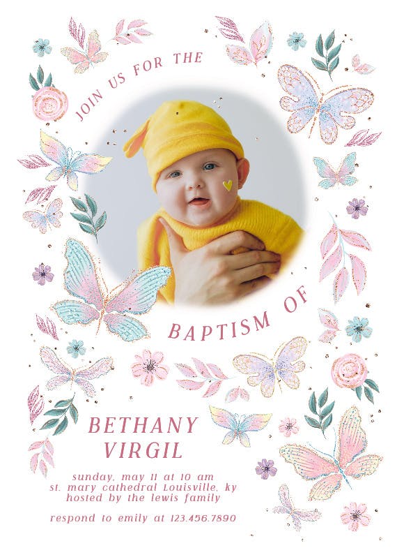Butterfly florals - baptism & christening invitation