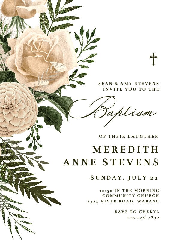 Cream bouquets - baptism & christening invitation