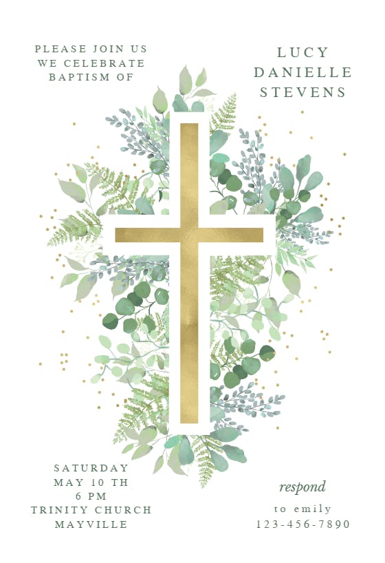 Cross with sage green -  invitaciones de bautizo