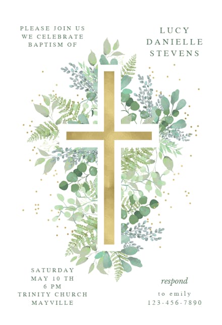 Cross with sage green - Baptism & Christening Invitation