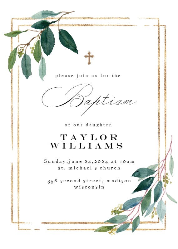 Double frame & leaves - baptism & christening invitation